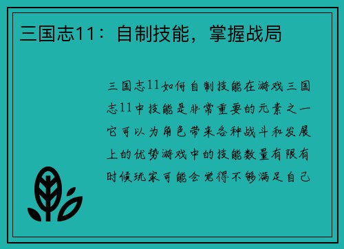 三国志11：自制技能，掌握战局